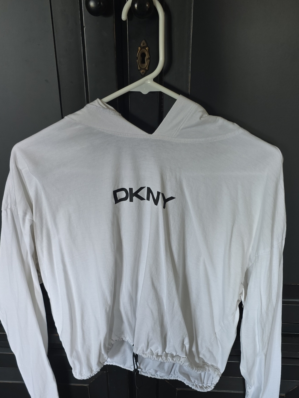 DKNY White Long Sleeve Hooded Top with Black Logo